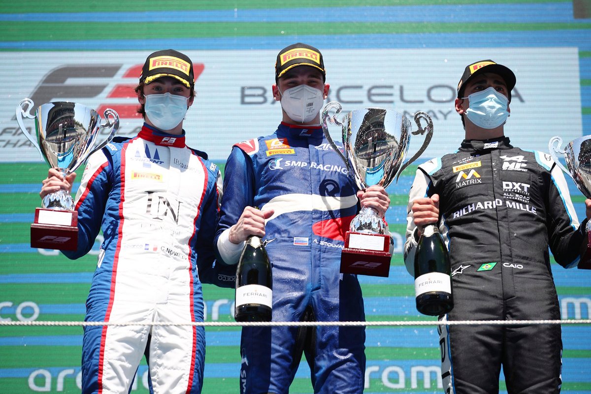 Podium: Race winner Alexander Smolyar, ART Grand Prix, second place Clement Novalak, Trident, third place Caio Collet, MP Motorsport