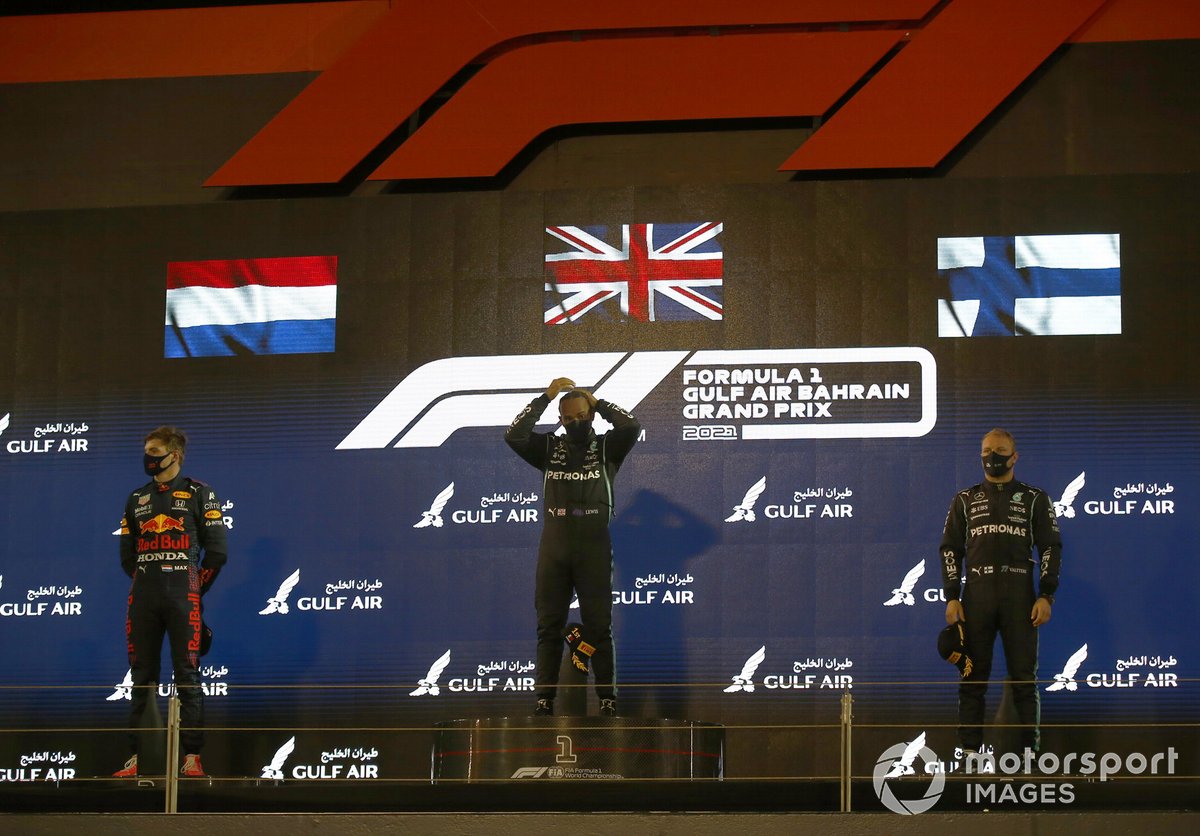 Max Verstappen, Red Bull Racing RB16B 2nd, Lewis Hamilton, Mercedes W12 1st and Valtteri Bottas, Mercedes W12 3rd