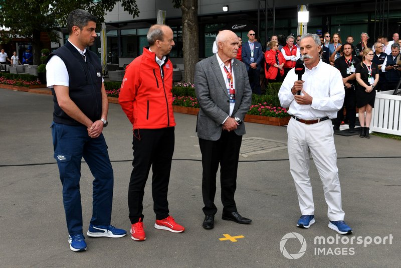 Michael Masi, Race Director, Andrew Westacott, Australian Grand Prix Corporation CEO and Chase Carey, Chairman, Formula 1 talks to the press