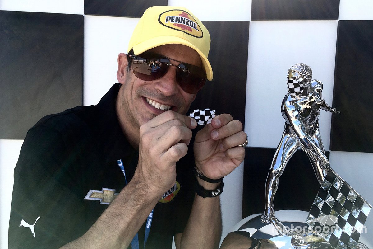 Team Penske's three-time Indy 500 winner Helio Castroneves with the masked