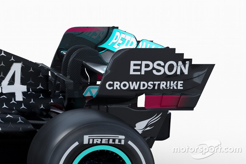 Mercedes AMG F1 W11, dettaglio dell'ala posteriore e della T-wing