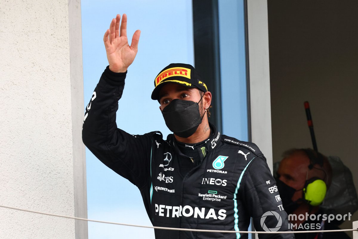 Lewis Hamilton, Mercedes, 3rd position, arrives on the podium