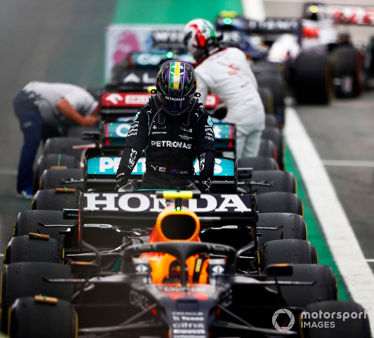 Lewis Hamilton, Mercedes, arrives in Parc Ferme after the Sprint