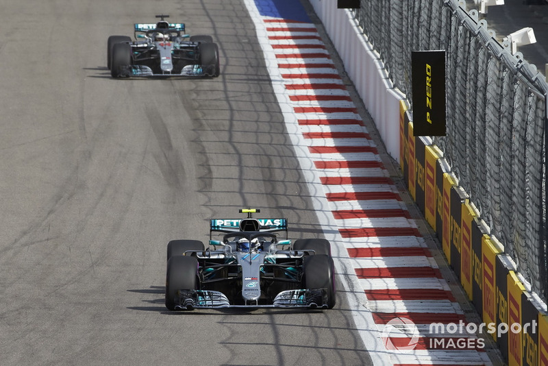 Valtteri Bottas, Mercedes AMG F1, leads Lewis Hamilton, Mercedes AMG F1