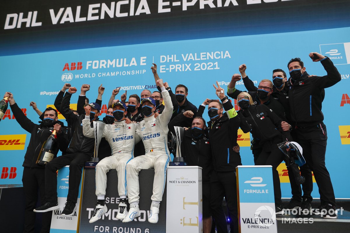Nyck de Vries, Mercedes-Benz EQ , 1st position, Stoffel Vandoorne, Mercedes-Benz EQ, 3rd position, the Mercedes Benz EQ team celebrate on the podium