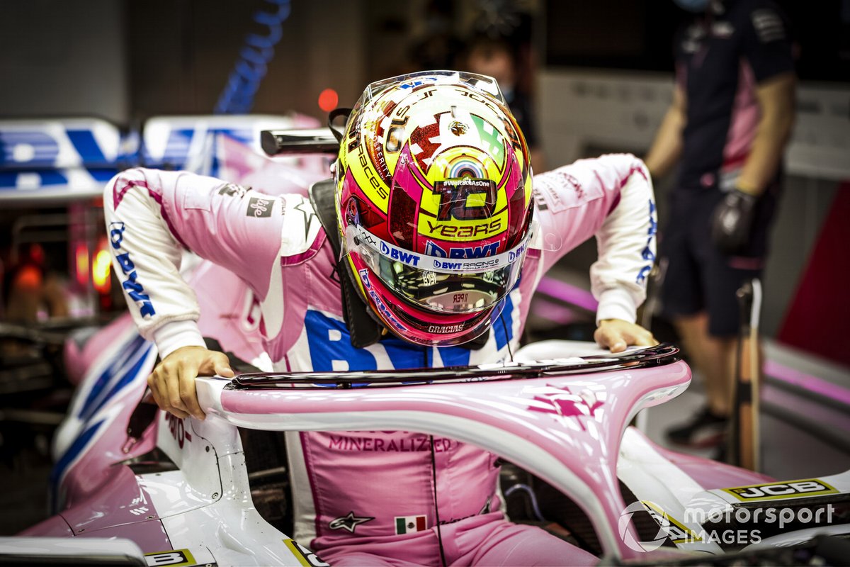 Sergio Perez, Racing Point, in his special edition helmet