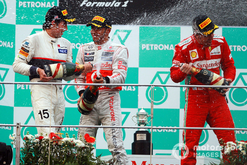 Sergio Perez, Sauber, Lewis Hamilton, McLaren, Fernando Alonso, Ferrari, spray champagne on the podium