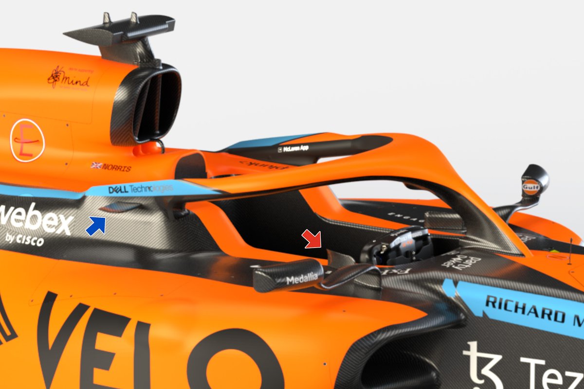 McLaren MCL36: un flap crea un soffiaggio con il supporto dello specchietto (freccia rossa) e c'è una pinna dall'Halo (blu)