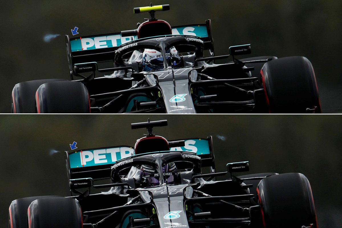 L'ala posteriore delle due Mercedes W12 a confronto: Bottas più scarica e Hamilton più carica