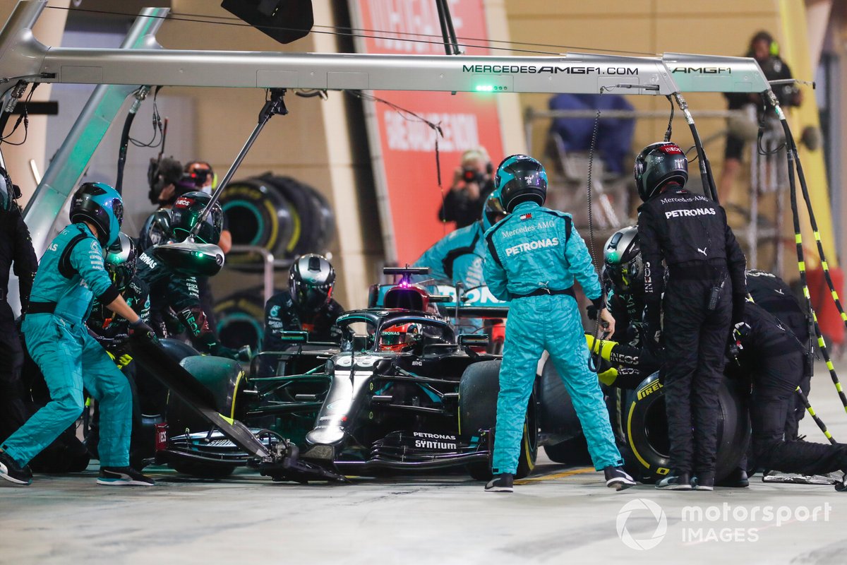 George Russell, Mercedes F1 W11 EQ Performance, makes a pit stop
