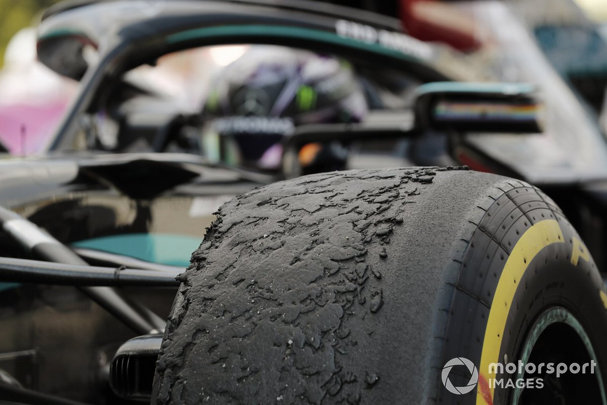 Lewis Hamilton, Mercedes-AMG Petronas F1, Pirelli tyre detail in parc ferme