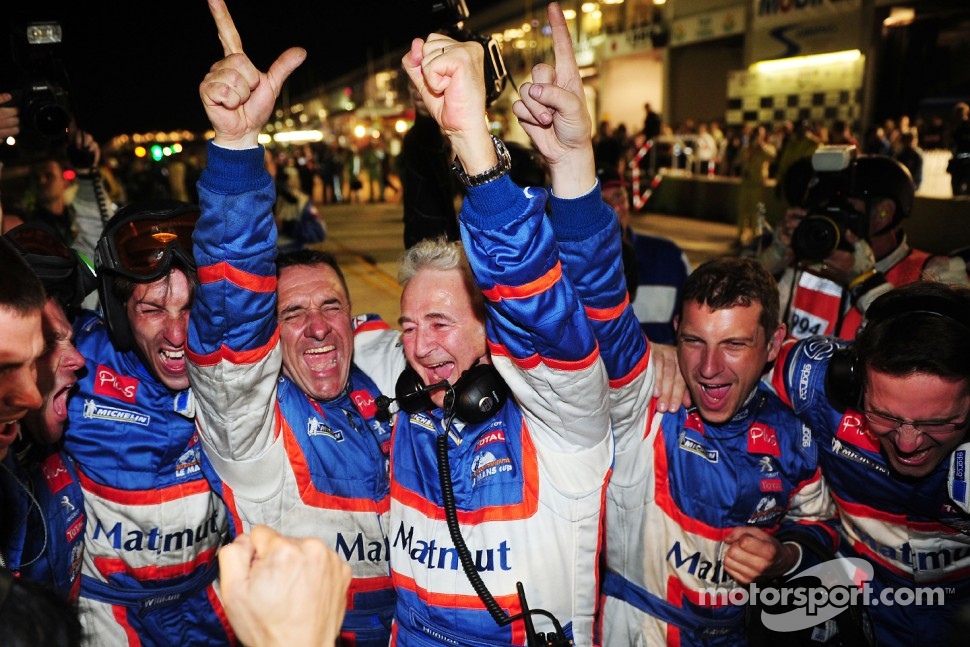 Oreca team manager Hugues de Chaunac celebrates with his team