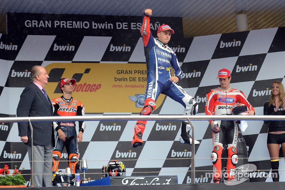 Podium: race winner Jorge Lorenzo, Yamaha Factory Racing, second place Dani Pedrosa, Repsol Honda Team, third place Nicky Hayden, Ducati Team