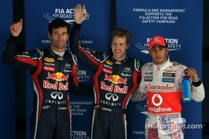 Mark Webber, Red Bull Racing, Sebastian Vettel, Red Bull Racing and Lewis Hamilton, McLaren Mercedes