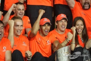 Martin Whitmarsh, McLaren, Chief Executive Officer with Lewis Hamilton, McLaren Mercedes, Jenson Button, McLaren Mercedes and Jessica Michibata girlfriend of Jenson Button
