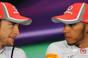 Jenson Button, McLaren Mercedes with team mate Lewis Hamilton, McLaren Mercedes in the FIA Press Conference