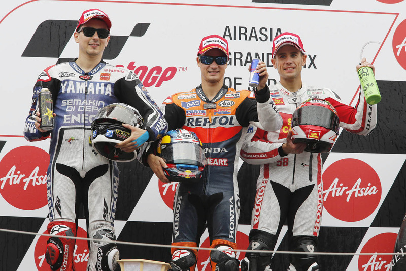 2012: 1. Dani Pedrosa, 2. Jorge Lorenzo, 3. Alvaro Bautista