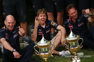 Adrian Newey, Red Bull Racing Chief Technical Officer with Sebastian Vettel, Red Bull Racing and Christian Horner, Red Bull Racing Team Principal