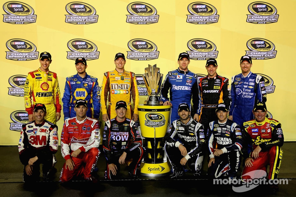 The 2013 Chase drivers: Joey Logano, Martin Truex Jr., Kyle Busch, Carl Edwards, Matt Kenseth, Dale Earnhardt Jr., Greg Biffle, Kevin Harvick, Kurt Busch, Jimmie Johnson, Kasey Kahne, Clint Bowyer