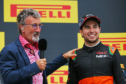 Eddie Jordan, BBC analist met derde plaats Sergio Perez, Sahara Force India F1 op het podium