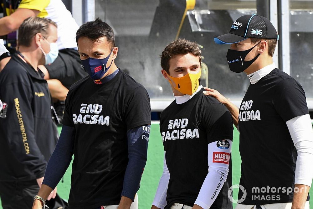 Alex Albon, Red Bull Racing, Lando Norris, McLaren, and George Russell, Williams Racing, on the grid