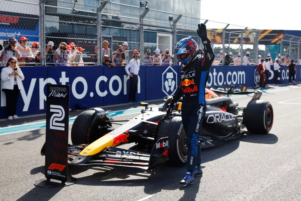 Max Verstappen, Red Bull Racing, 2nd position, arrives in Parc Ferme