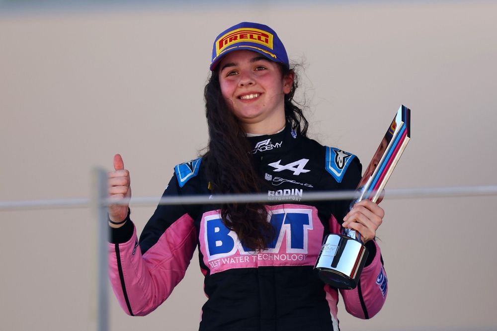 Second place Abbi Pulling, Rodin Motorsport celebrates on the podium