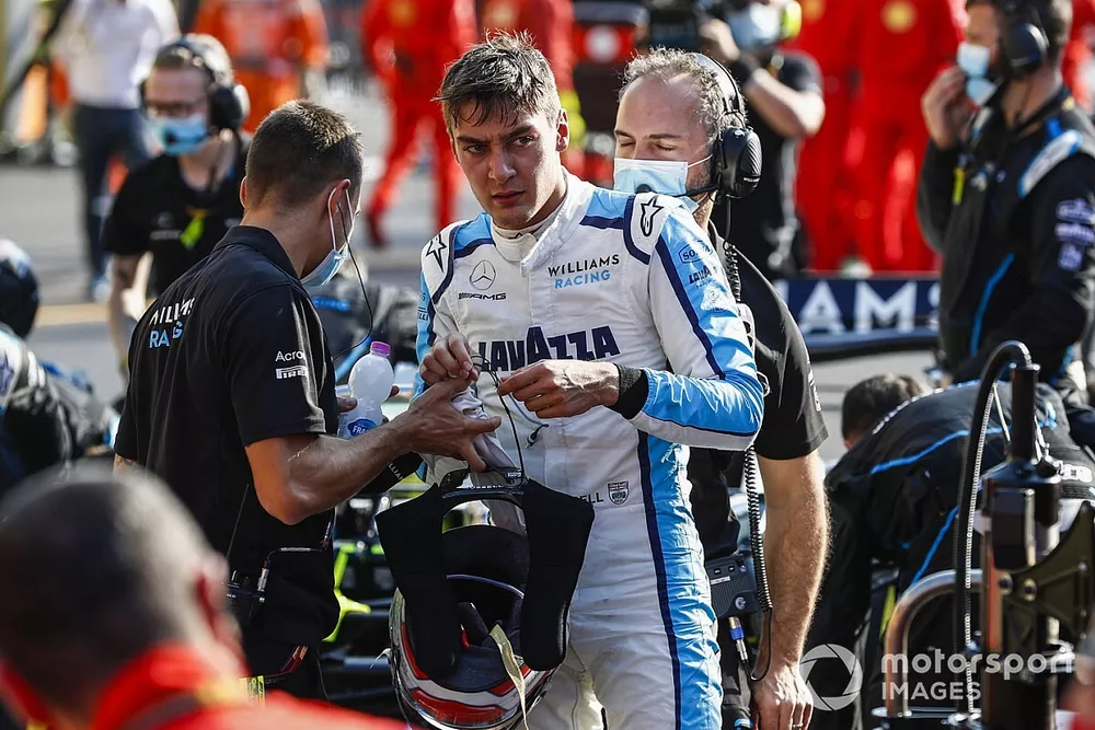 George Russell, Williams FW43, in the pits during a red flag stoppage