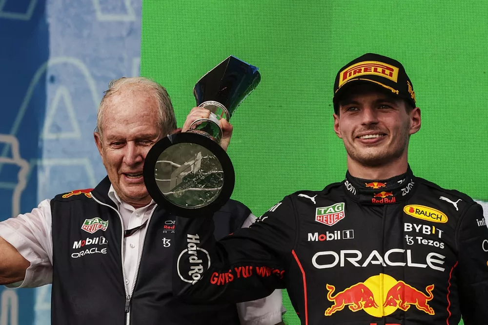 Helmut Marko, Consultant, Red Bull Racing, Max Verstappen, Red Bull Racing, 1st position, on the podium with the trophies