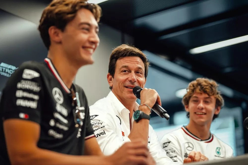 Andrea Kimi Antonelli, George Russell, Toto Wolff, Team Principal Mercedes-AMG F1 Team