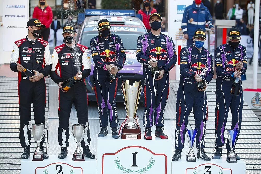 Podium: Winners S&eacute;bastien Loeb, Isabelle Galmiche, M-Sport Ford World Rally Team Ford Puma Rally1, second place S&eacute;bastien Ogier, Benjamin Veillas, Toyota Gazoo Racing WRT Toyota GR Yaris Rally1. third place Craig Breen, Paul Nagle, M-Sport Ford World Rally Team Ford Puma Rally1