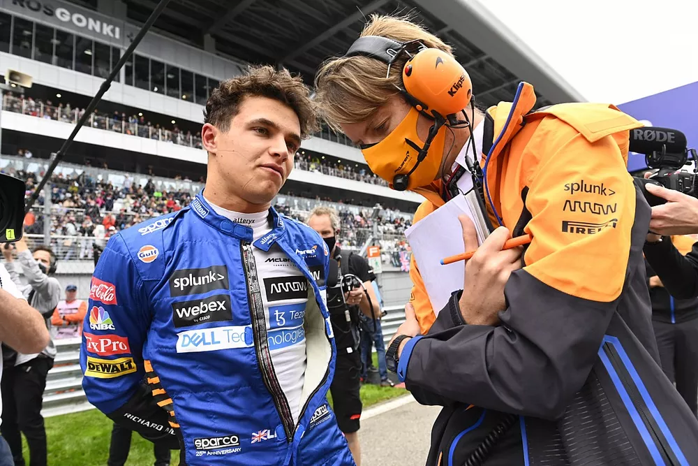 Lando Norris, McLaren, on the grid with his race engineer