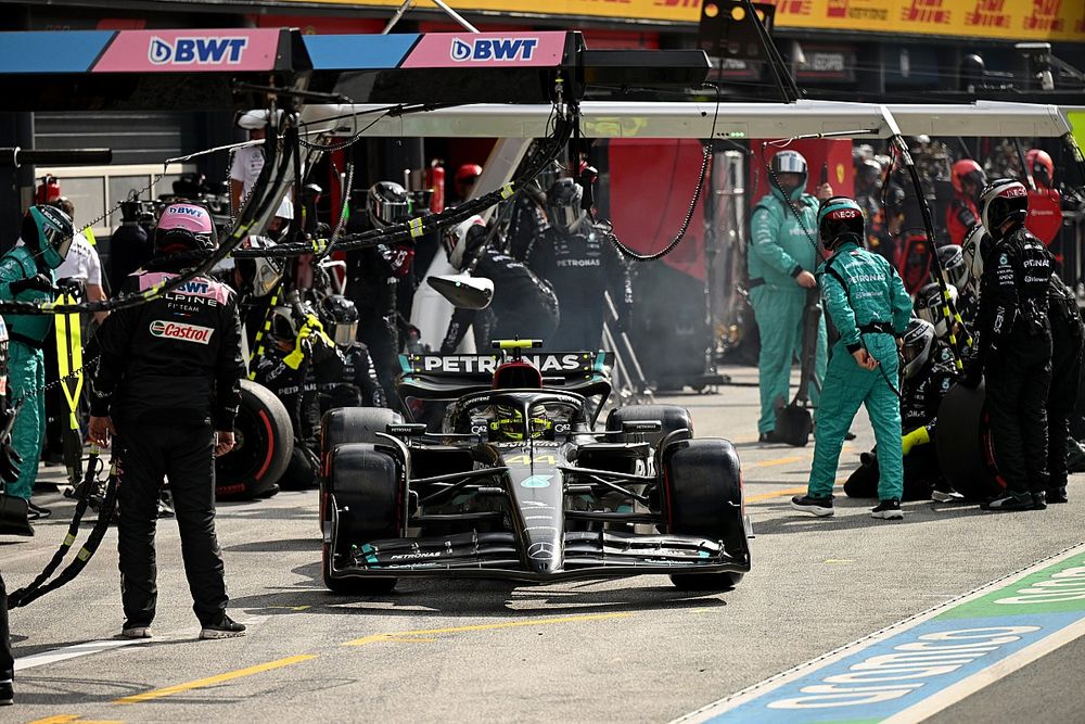 Sir Lewis Hamilton, Mercedes F1 W14, makes a stop
