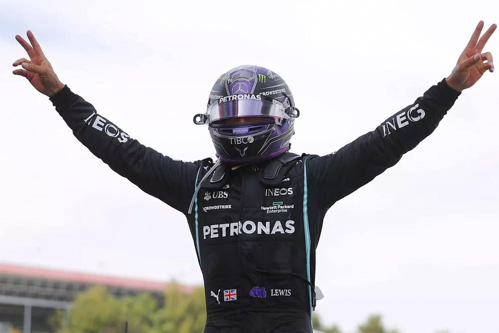 Lewis Hamilton, Mercedes, 1st position, arrives in Parc Ferme