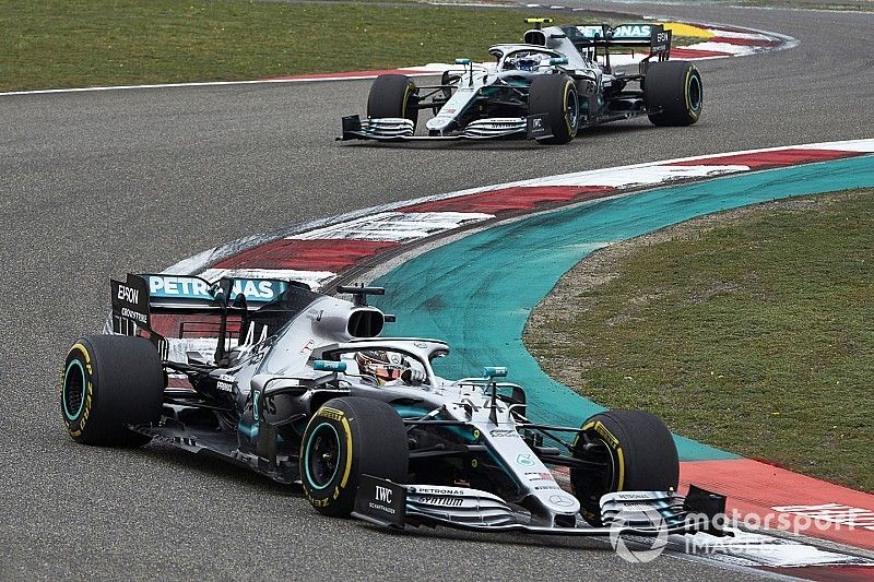 Lewis Hamilton, Mercedes AMG F1 W10, leads Valtteri Bottas, Mercedes AMG W10