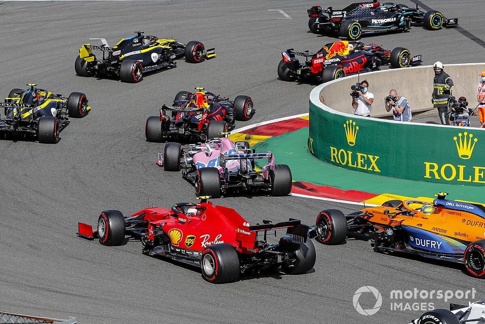 Lewis Hamilton, Mercedes F1 W11, Valtteri Bottas, Mercedes F1 W11, Max Verstappen, Red Bull Racing RB16, Daniel Ricciardo, Renault F1 Team R.S.20, Alex Albon, Red Bull Racing RB16, Esteban Ocon, Renault F1 Team R.S.20, Lance Stroll, Racing Point RP20, Sergio Perez, Racing Point RP20, Charles Leclerc, Ferrari SF1000, and Lando Norris, McLaren MCL35, at the start