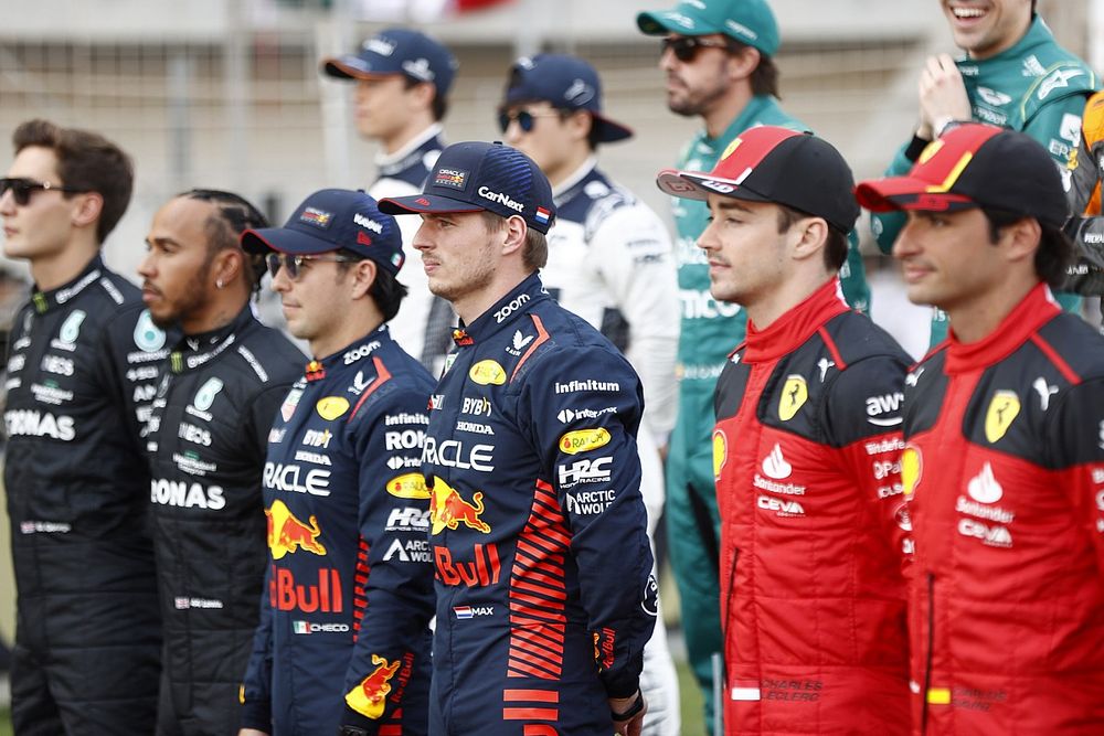 George Russell, Mercedes-AMG Lewis Hamilton, Mercedes-AMG Sergio P&eacute;rez, Red Bull Racing Max Verstappen, Red Bull Racing Charles Leclerc, Scuderia Ferrari Carlos Sainz, Scuderia Ferrari 