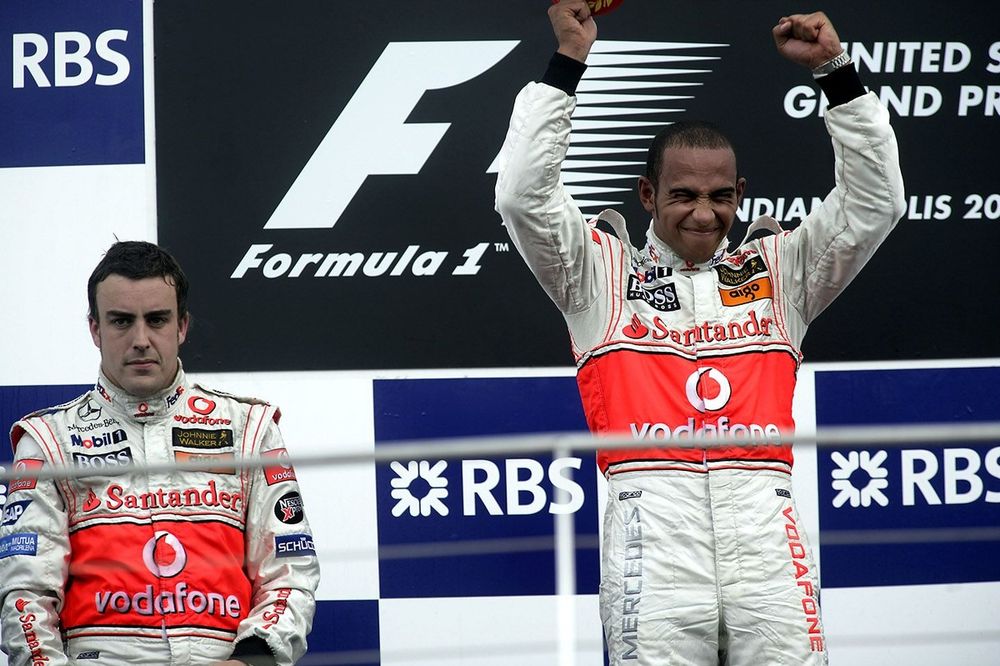 Lewis Hamilton, McLaren MP4-22 Mercedes, 1st position, and Fernando Alonso, McLaren MP4-22 Mercedes, 2nd position, celebrate on the podium