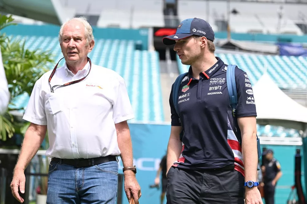 Max Verstappen, Red Bull Racing, arrives at the track with Helmut Marko, Consultant, Red Bull Racing