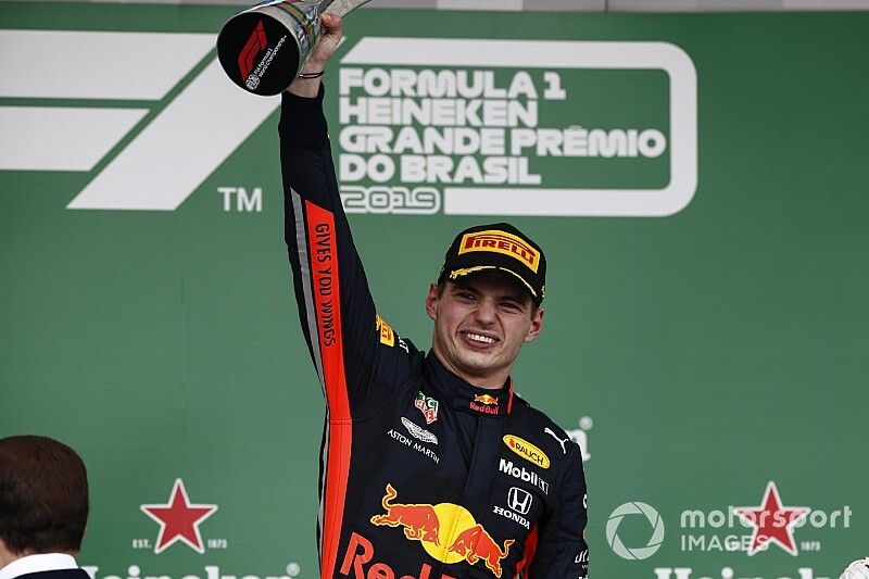 Max Verstappen, Red Bull Racing, 1st position, celebrates on the podium with his trophy