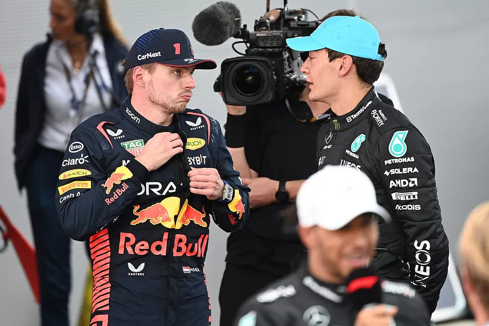 Max Verstappen, Red Bull Racing, 1st position, George Russell, Mercedes-AMG, 3rd position, talk in Parc Ferme