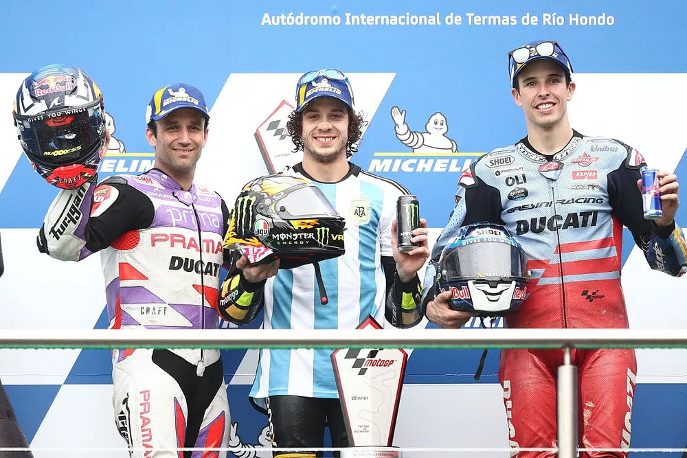 Podium: race winner Marco Bezzecchi, VR46 Racing Team, second place Johann Zarco, Pramac Racing, third place Alex Marquez, Gresini Racing
