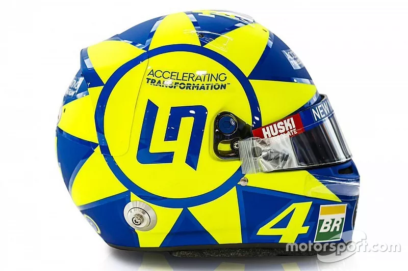 Helmet of Lando Norris, McLaren with the colors of Valentino Rossi 