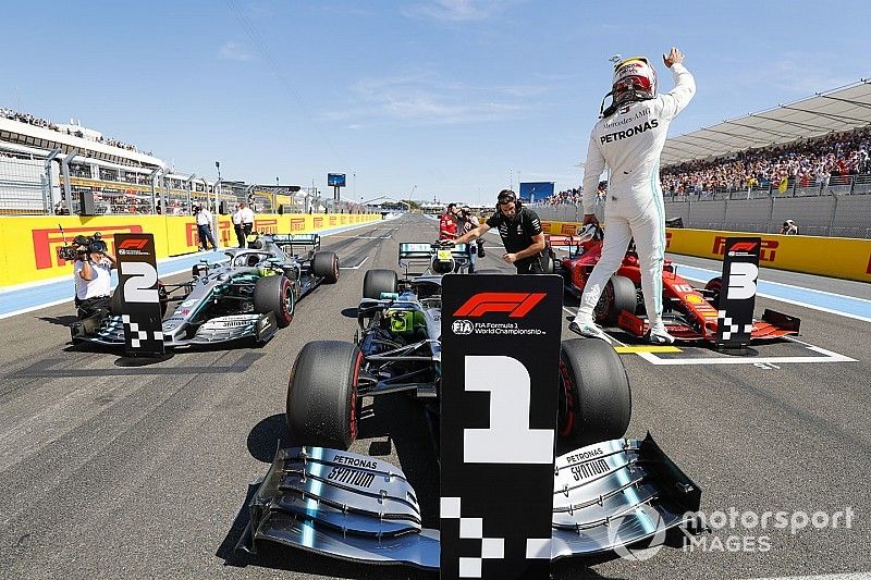 Lewis Hamilton, Mercedes AMG F1 W10, celebrates after taking Pole Position