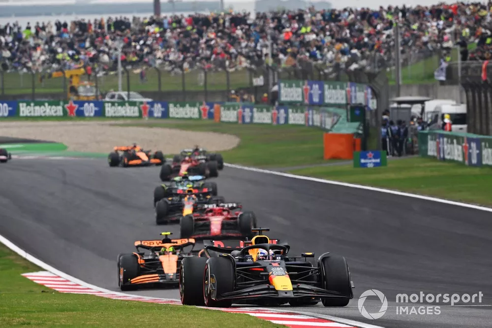 Max Verstappen, Red Bull Racing RB20, leads Lando Norris, McLaren MCL38, and Charles Leclerc, Ferrari SF-24