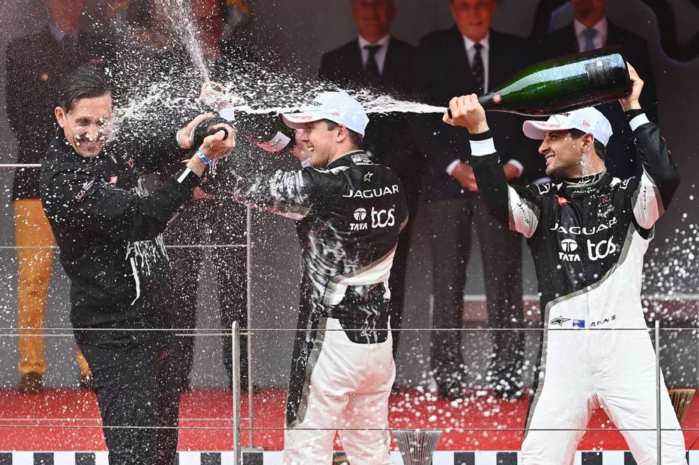 James Barclay, Team Director, Jaguar TCS Racing, Nick Cassidy, Jaguar TCS Racing, 2nd position, and Mitch Evans, Jaguar TCS Racing, 1st position, celebrate on the podium with Champagne