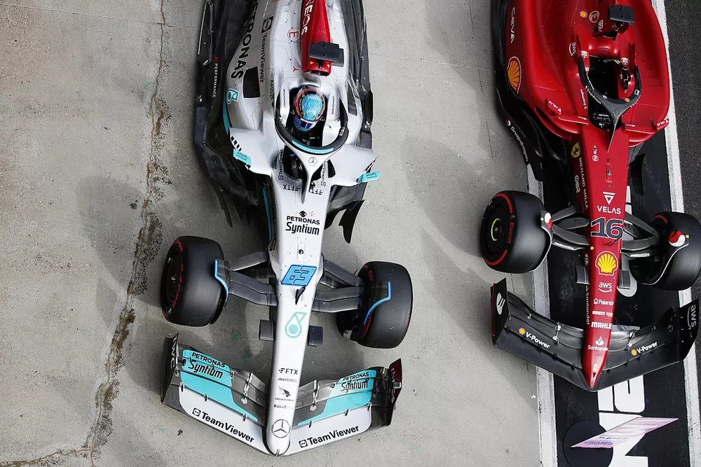 George Russell, Mercedes W13, parks in Parc Ferme after securing pole