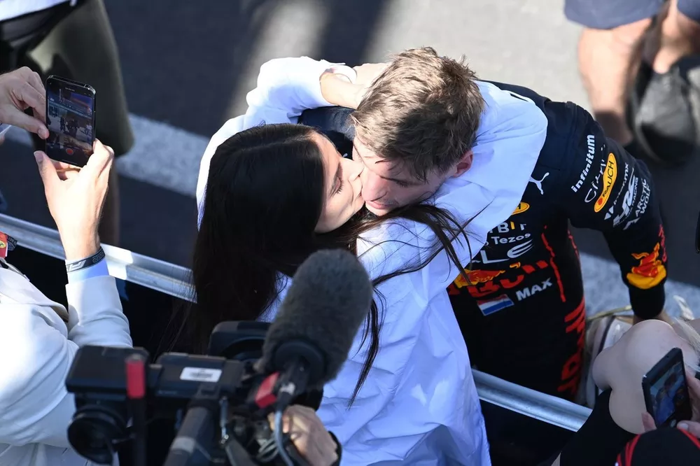 Max Verstappen, Red Bull Racing, 1st position, is congratulated by his girlfriend Kelly Piquet