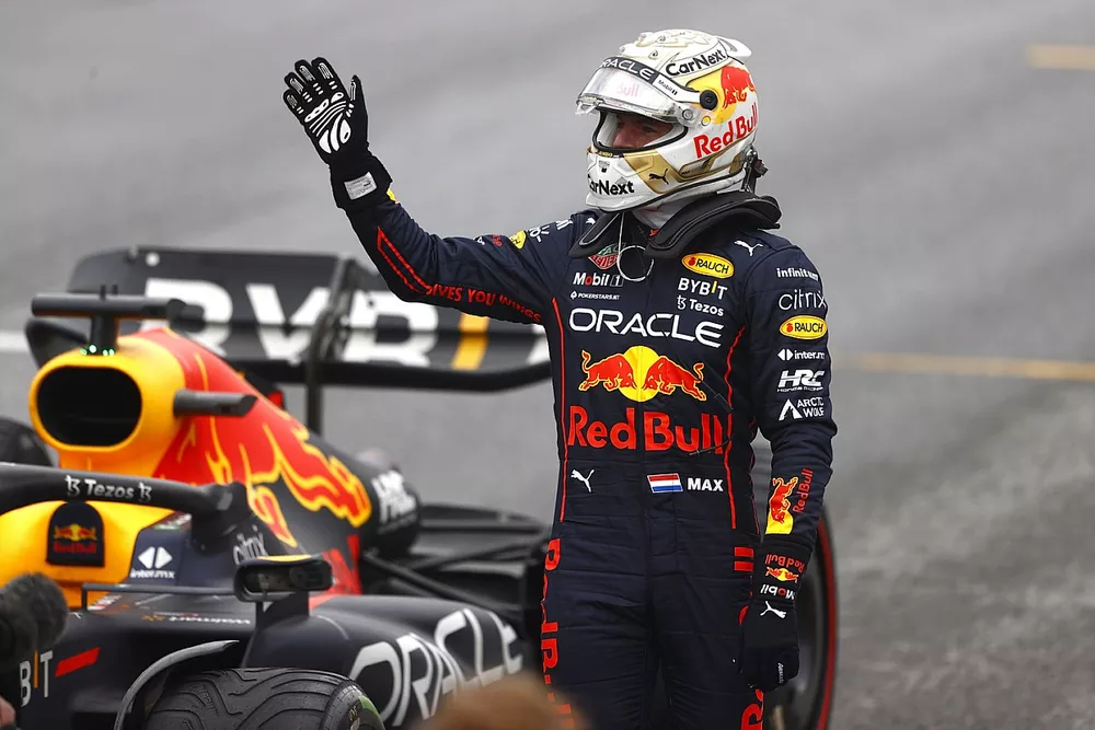 Pole man Max Verstappen, Red Bull Racing, waves from the grid after Qualifying