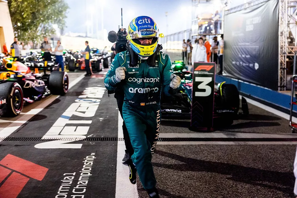 Fernando Alonso, Aston Martin F1 Team, 3rd position, celebrates in Parc Ferme